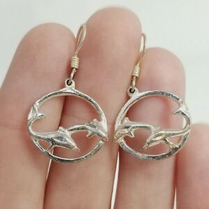 Vintage Sterling Silver Dolphin Earrings, Dangle Hook, Round Frame, 90s Estate